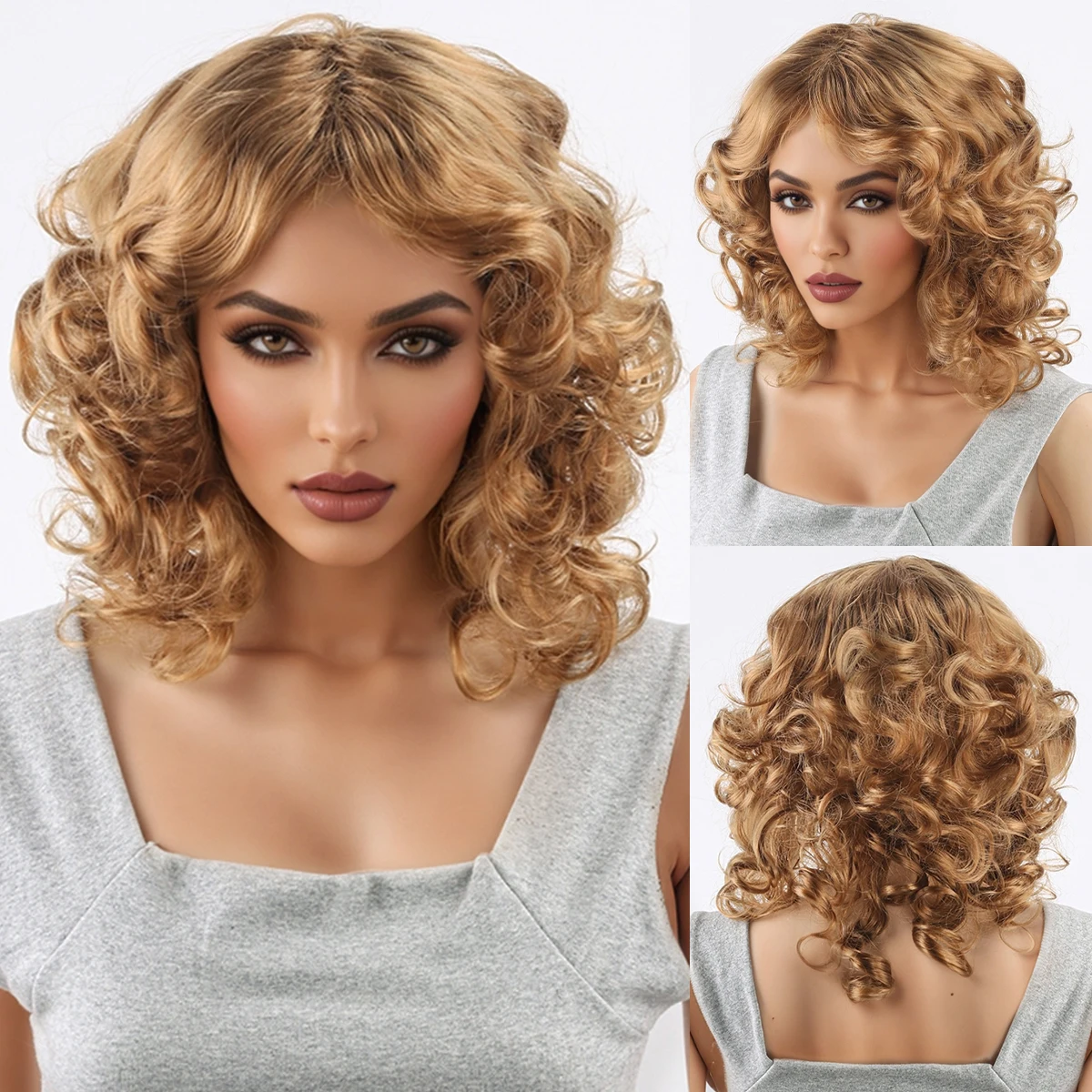 

Wish New European Synthetic Wig for Women, Long Curly Hair with Middle Parting, Pear Flower Perm Short Hair, Fashionable Gold