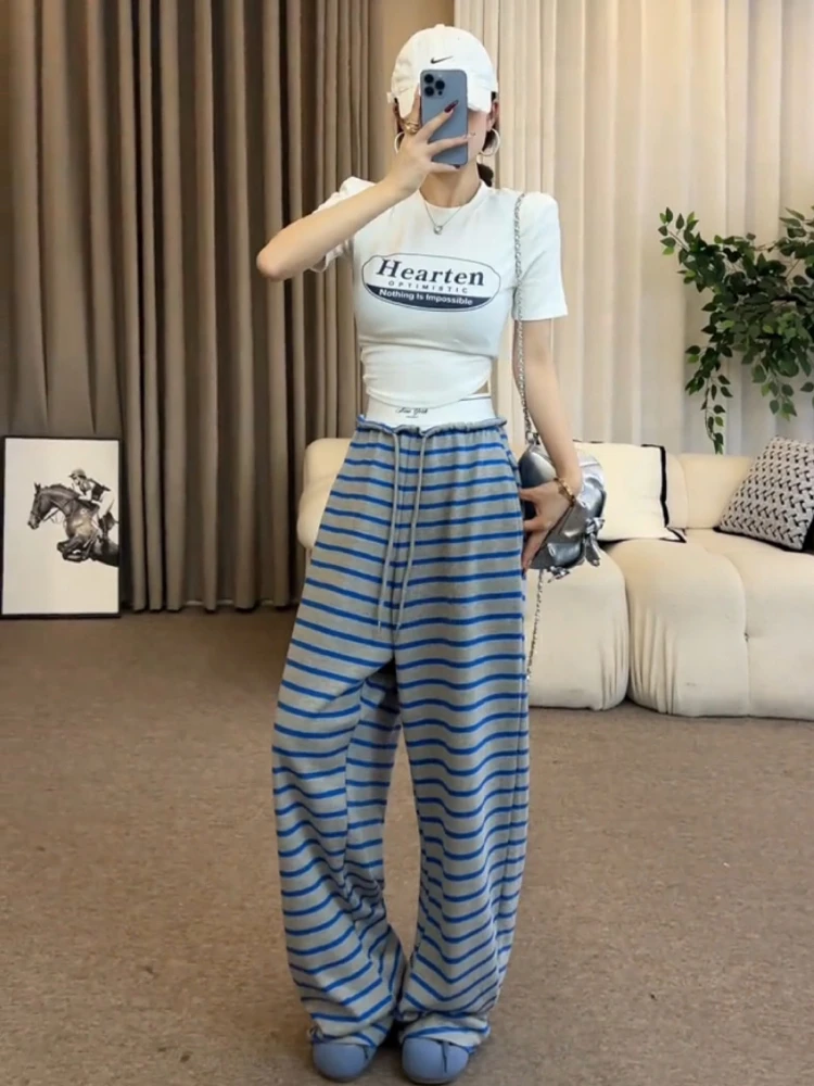 

Корейские повседневные брюки с высокой талией в полоску, женские летние новые модные облегающие брюки с широкими штанинами, повседневные брюки прямого кроя