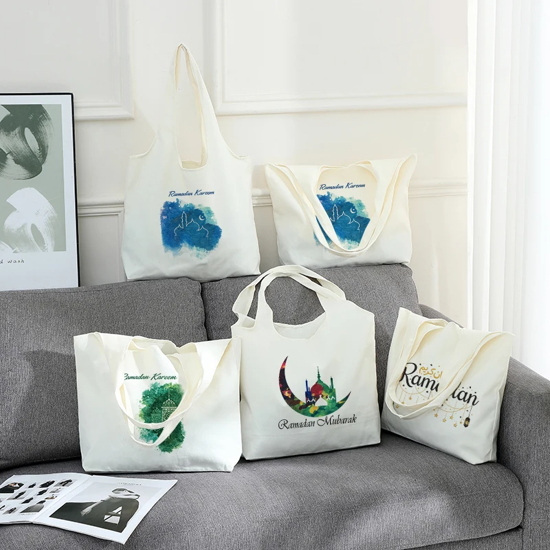 

Ramadan Kareem Waffle Islamic Handbag Festival Gift Eid Ramadan Supplies Muslim Reusable Large-capacity Single-shoulder Bag