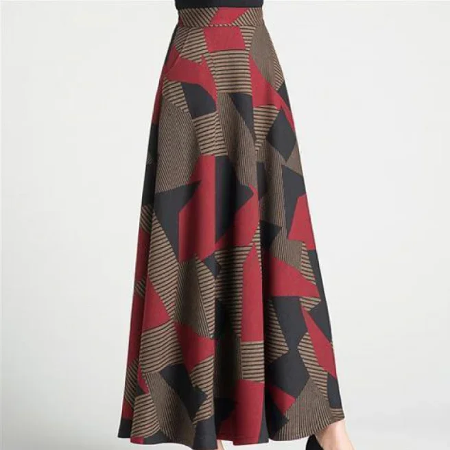 Autumn  Winter  Print  Women's 2021 New High Waist Medium Length A-line Large Swing  Shows Thin Long Skirt Claret Gray