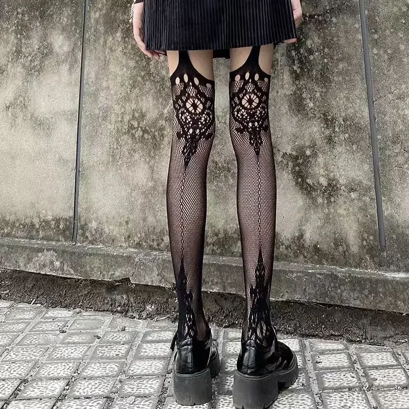 Gothic Dark Girl Long Sexy Fishnet Stockings Women Classical Design Harajuku Emo Mesh Tights Lingerie Thigh High Garters Hosiery