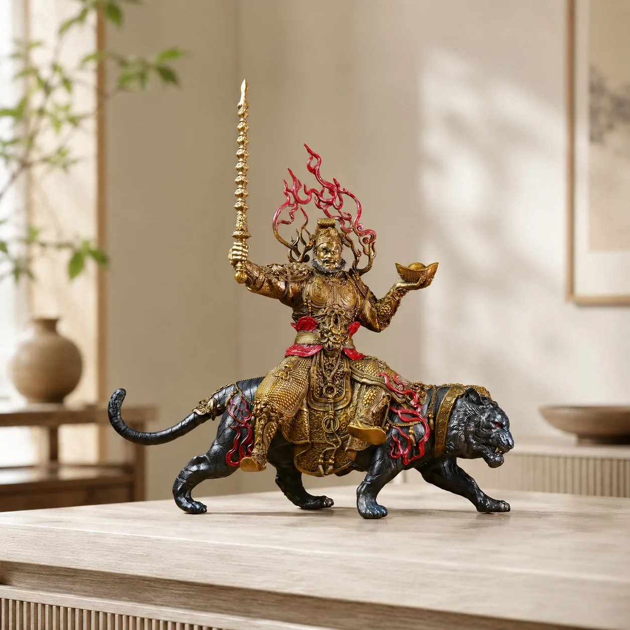 Handcrafted Copper Zhao Gongming Wealth God Figurine Statue for Chinese Traditional Feng Shui Living Room Home Office Decor