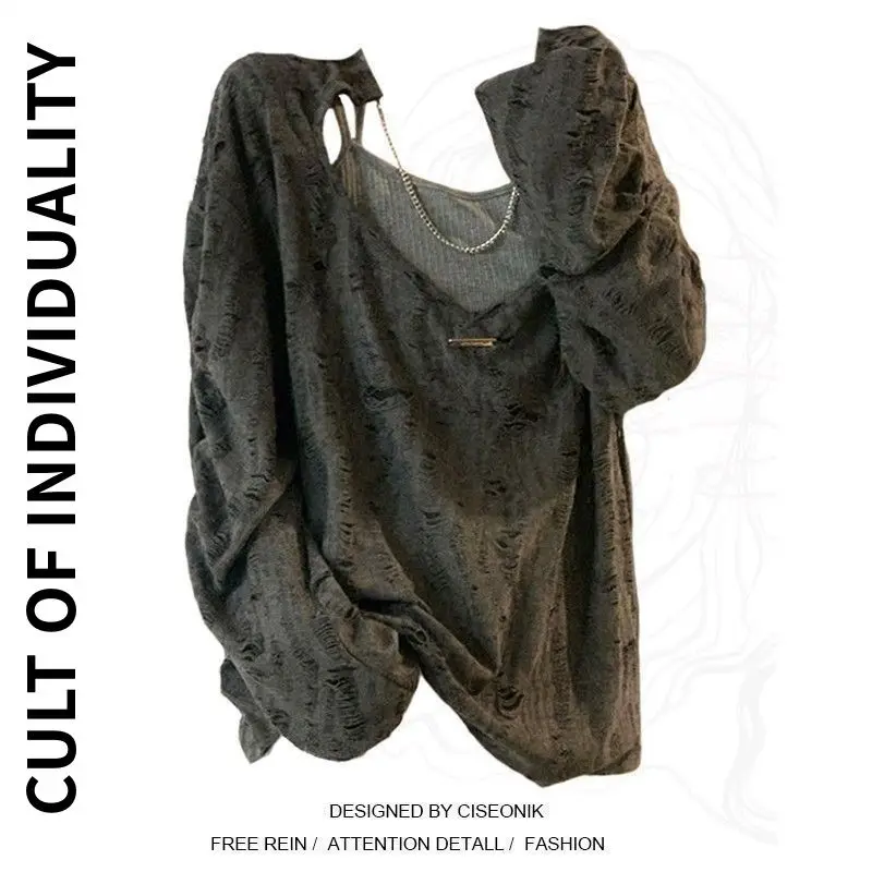 

Sweet and Spicy Style Hollow Chain Long-sleeved Sunscreen Blouse for Women's Autumn Loose Top Two-piece Set