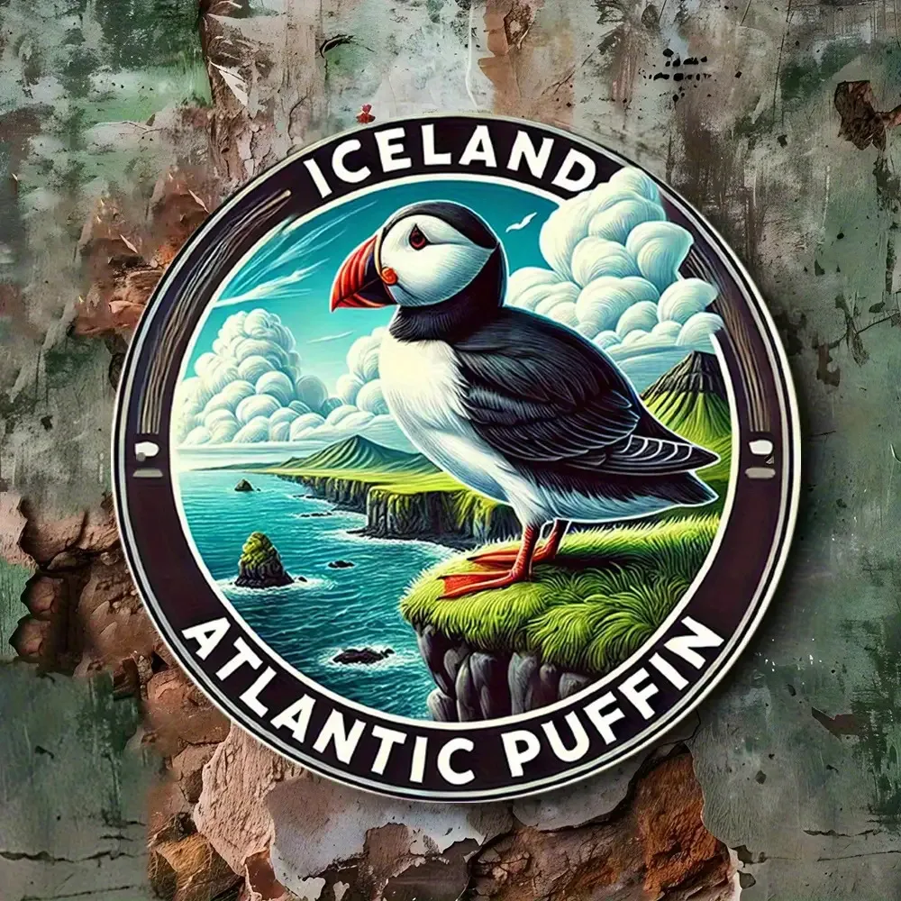2D Flat, 2D Flat Icelandic Puffin Metal Wall Art - 31.89inch Round Aluminum Sign with Atlantic Puffin and Iceland Map Outline, W