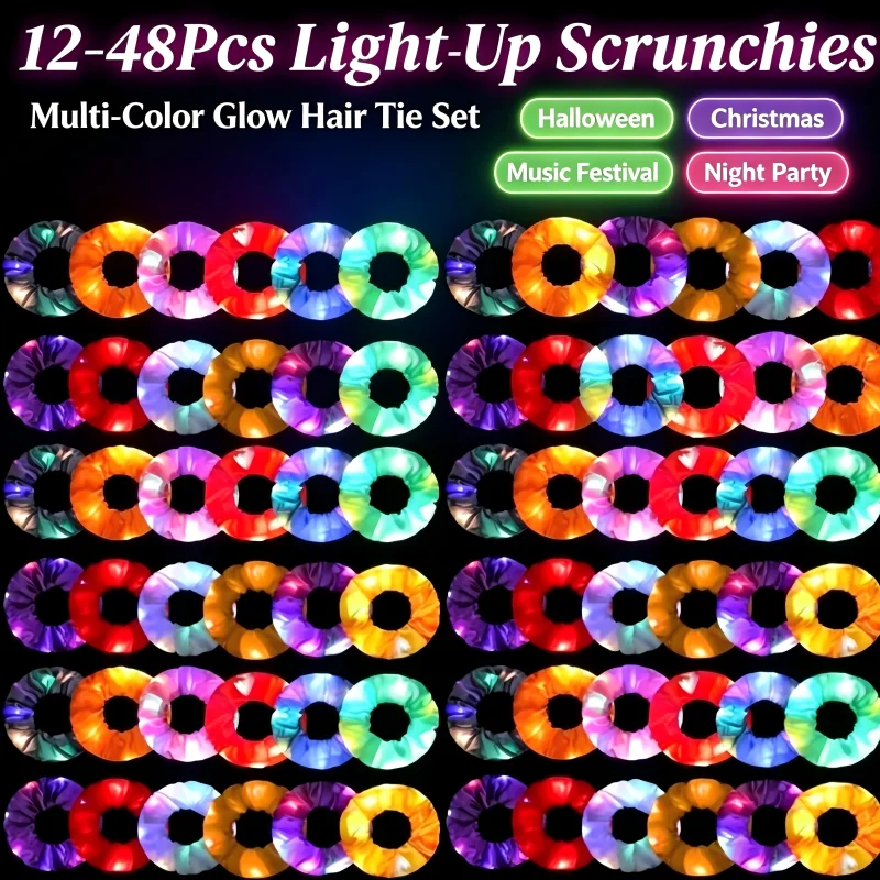 12-48Pcs LED Hair Scrunchie Light Up Hair Scrunchy for Women Satin Elastic Hairband Christmas Glow in the Dark Party Supplies view 3