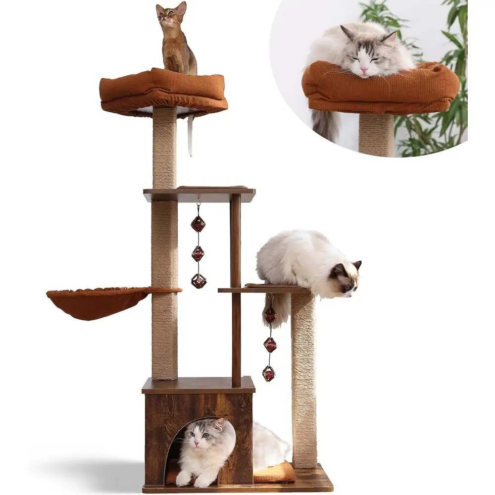 

Modern 4-in-1 Cat Tower with Jute Scratching, Hammock, and Silvervine Balls - Brown Indoor Cat Playhouse