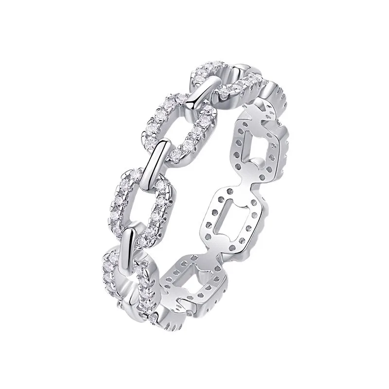 Minimalist Luxury Fine Jewelry Chain Link Moissanite Ring 925 Silver Full Diamond Women's Dainty Stackable Ring for Daily