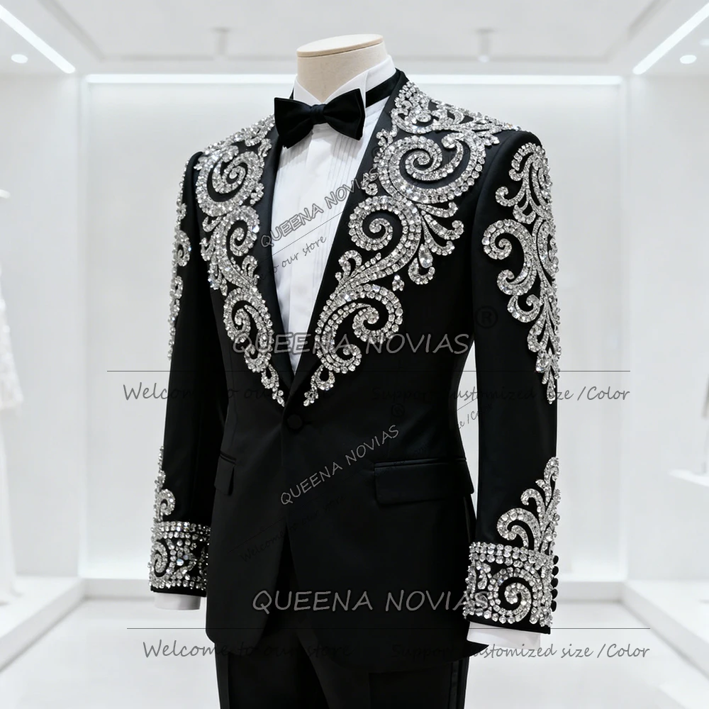 

Изысканный мужской костюм с бусинами и кристаллами, комплект из 2 предметов, однобортный пиджак для выпускного вечера, индивидуальные свадебные смокинги для жениха, trajes para hombre