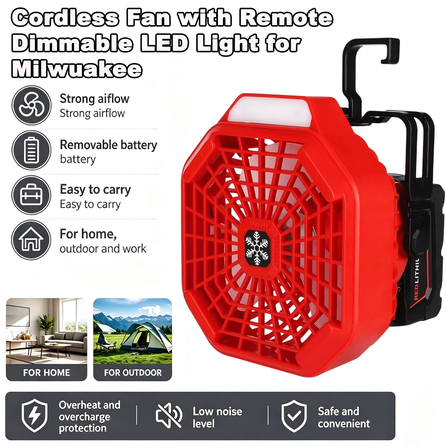 Cordless Camping Fan For Makita/Dewalt/Bosch Milwaukee /Black Decker /craftsman With 9 W LED Light Remote Control