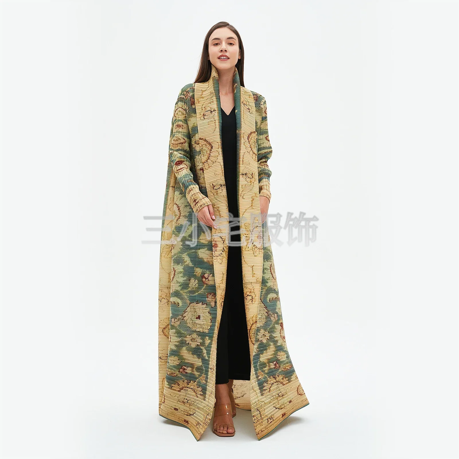 Pleats Robe Long Sleeve Printed Dress Windbreak Women 2024 Winter New Original Designer Abayas Turndown Collar Belted Coats