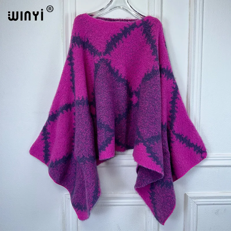 WINYI winter print knitt dress fashion cape Holiday dress Elegant party winter ponchos for women loose cloak boho women clothing