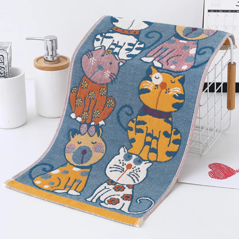 Kids Women Hand Face Gauze Towel Cats Cartoon 25*50 Double-sided Yarn-dyed Jacquard Cotton 100