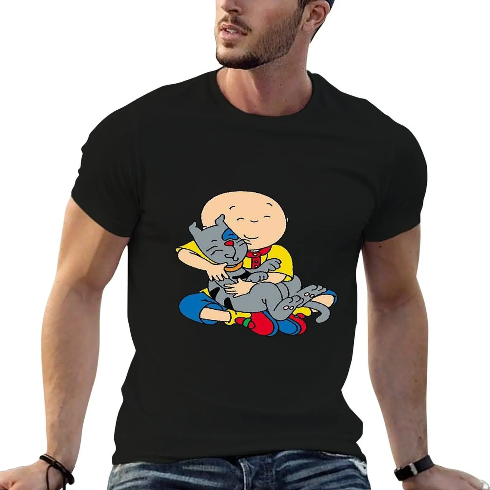 Caillou ، caillou والكلب تي شيرت قطن تي شيرت رجل 100% قطن أسود تي شيرت عادي للرجل حزمة تي شيرت #4