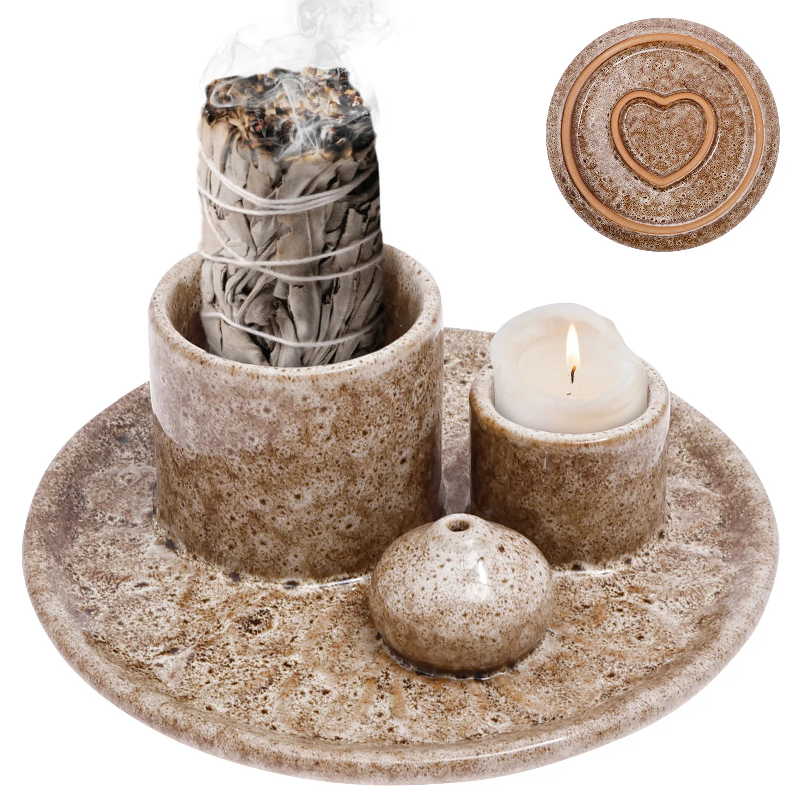 Palo Santo-Sticks-Halter aus Keramik, 4-in-1-Räuchergefäß, Salbei-Halter, Räucherstäbchenhalter, Aschefänger-Tablett für Meditation, Yoga, Zimmer