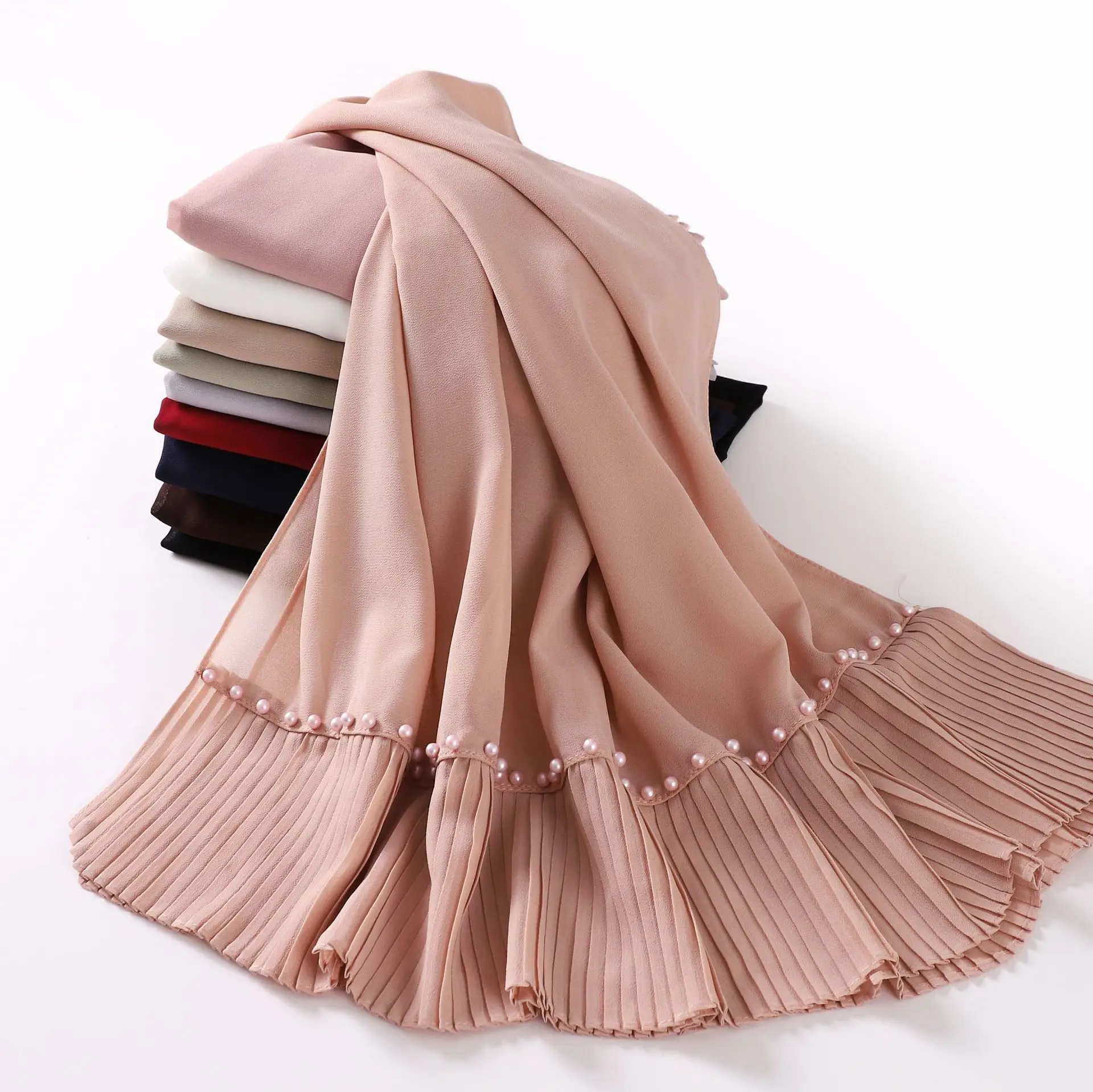 1pc Women Muslim Fashion Pleated Chiffon Hijab Ladies Shawl Solid Color Beaded Scarf Arab Islamic Clothing Turban Femme 70*180cm