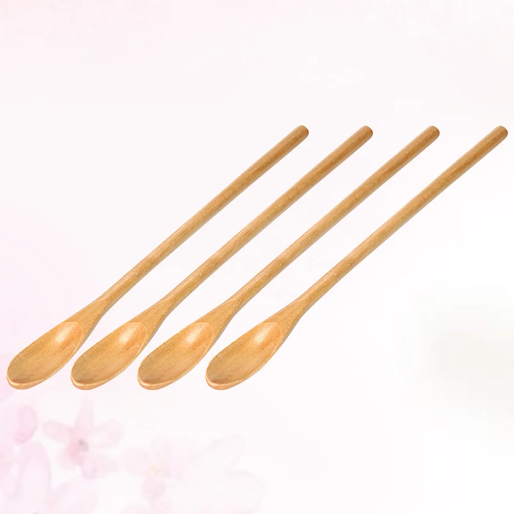 

4Pcs Handmade Natural Wooden Coffee Spoons Long Handle Stirring Honey Seasoning Eco-Friendly Unique Grain Design