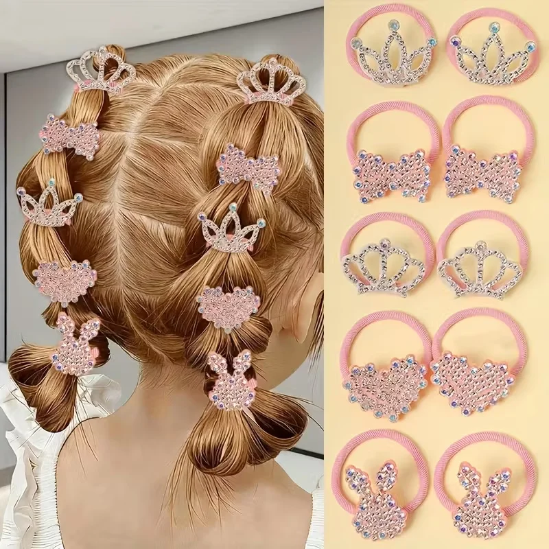 ערכת 10 יחידות של קשתות לשיער בצורת כתר ובלב בצבע ורוד - שיער נסיכה חמודה עם קשתות אלסטיות לריקודים