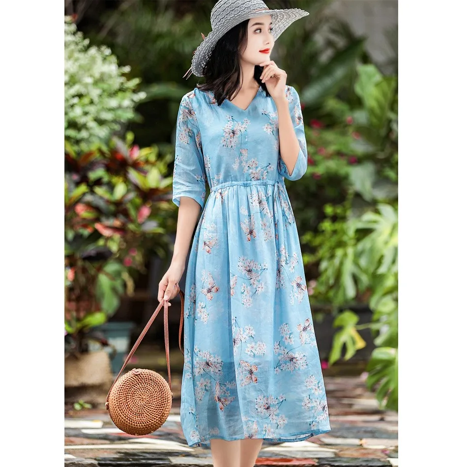 

2020 Summer New Sle V-Ne Printed Original Women's Long Loose Slimming Dr Cotton Linen Fabric Vintage Busin Home Wear