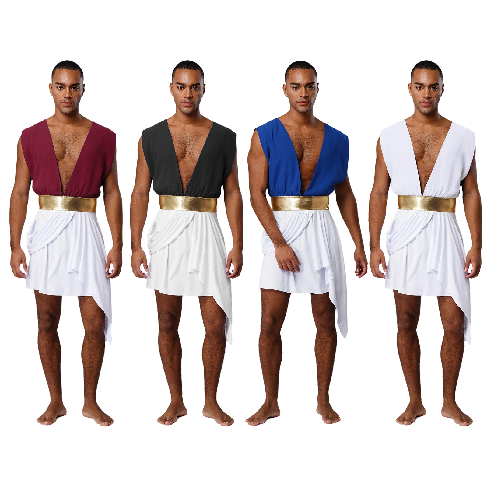 

Men Ancient Greek Toga Halloween Theme Party Role-Playing Costume Deep V-neck Sleeveless Color Block Metallic Asymmetrical Robe