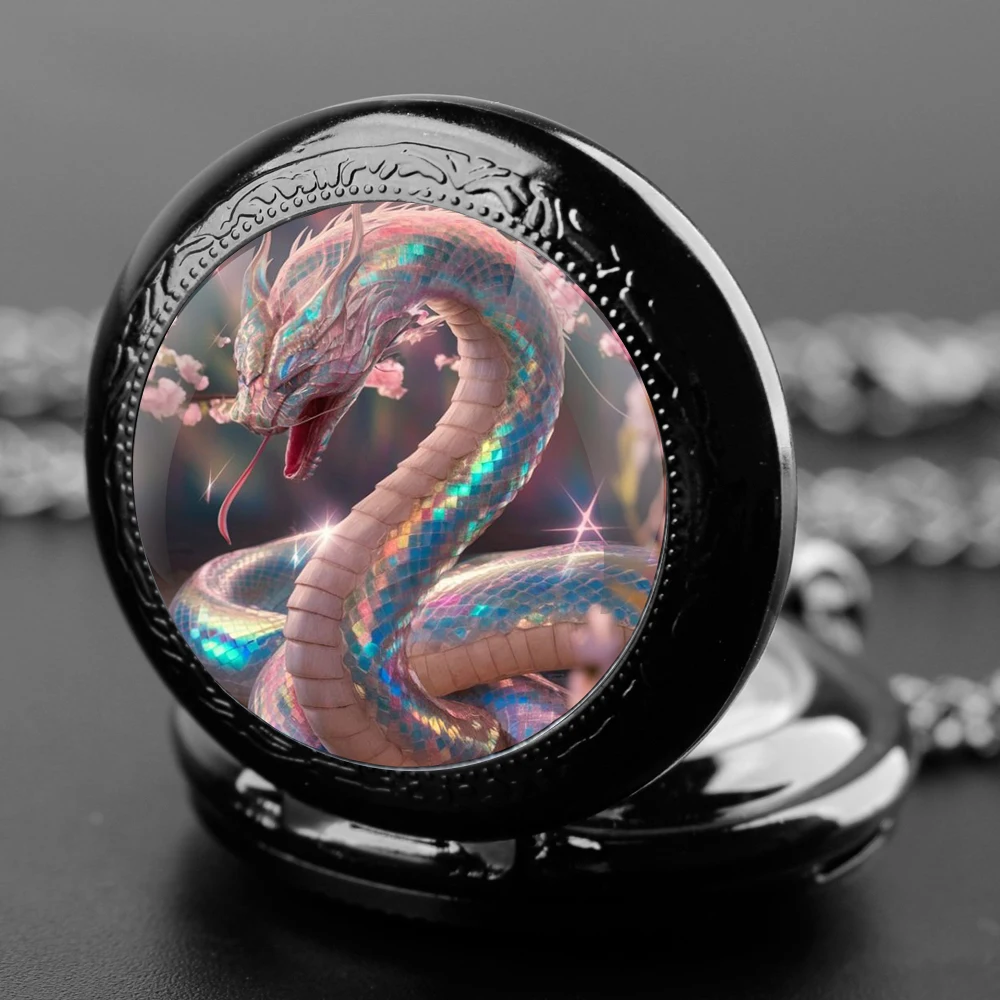 Pink Snake Design Glass Dome Fashion Arabic Numerals Quartz Pocket Watch Necklace Pendant Chain Mens Women Gifts