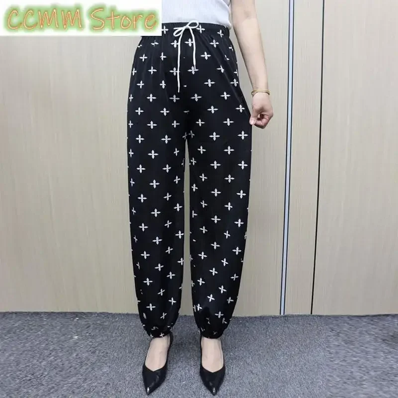 Summer Thin Loose Bloomers Trousers Female Clothing Casual Printed High Waist Elastic Stylish Drawstring Commute Vintage Pants