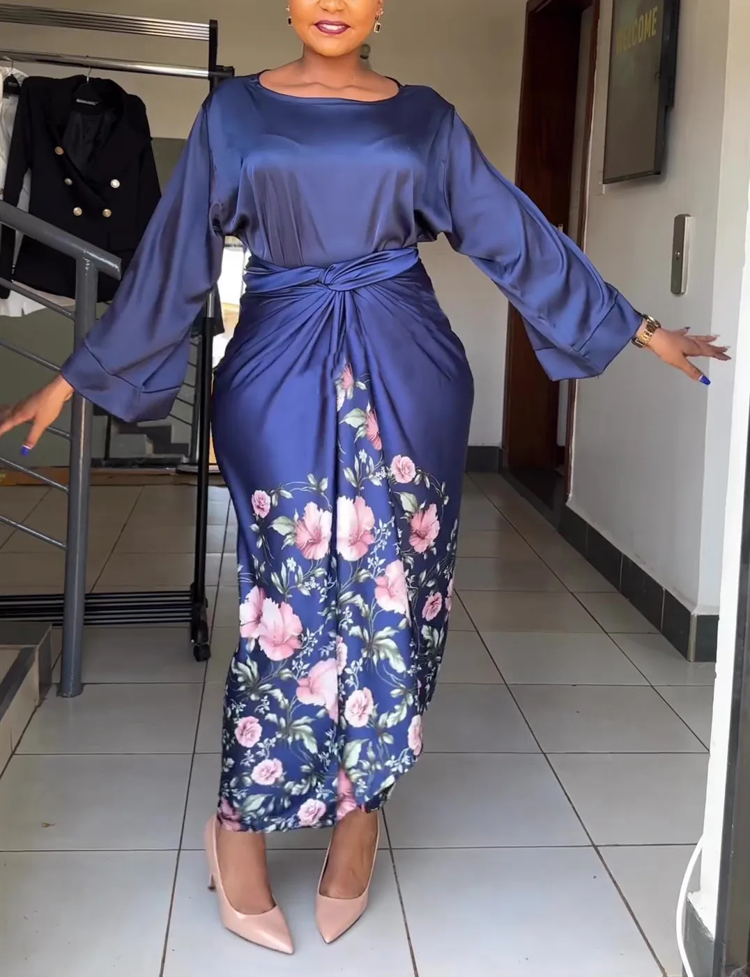 Summer Elegant African Women Two Pieces Set Loose Flare Sleeve Top Print Skirt Matching Sets African Clothes for Women