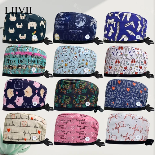 Imagen 1 del producto Gorro de enfermería para hombre y mujer, gorro 100% de algodón para cirujano, gorros de trabajo para Chef veterinario y dentista, gorros de cirugía Baotou con estampado, gorros de enfermera médica