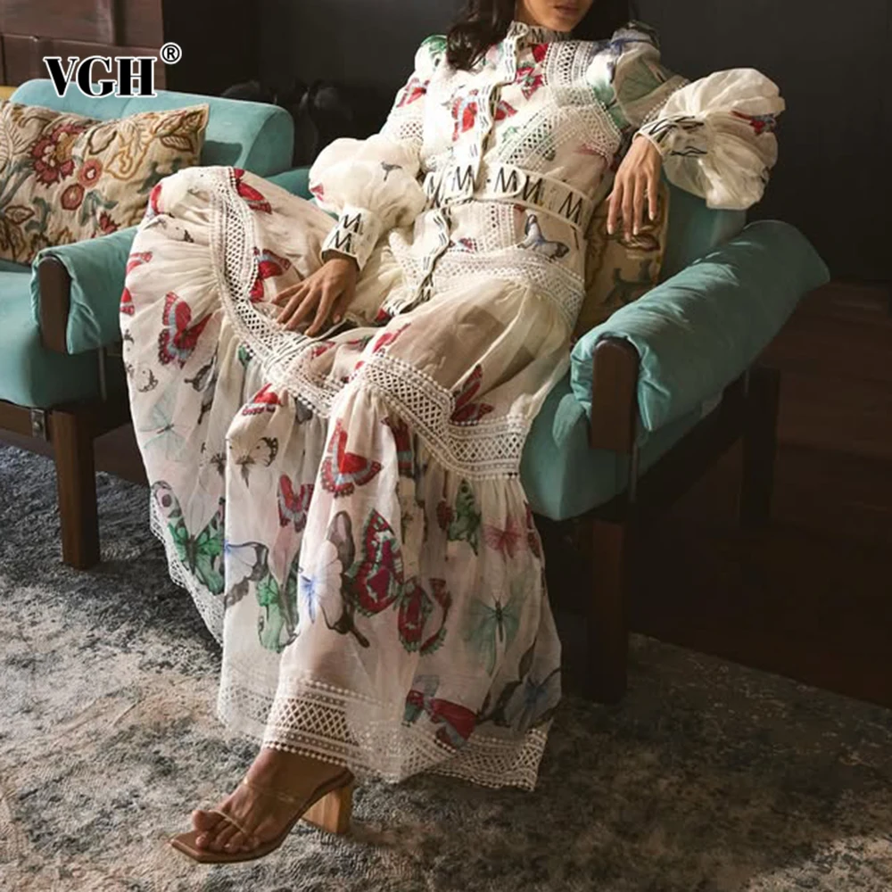 

VGH Casual Vintage Slimming Printing Dresses For Women Round Neck Long Sleeve High Waist Autumn Designer Dress Female Fashion