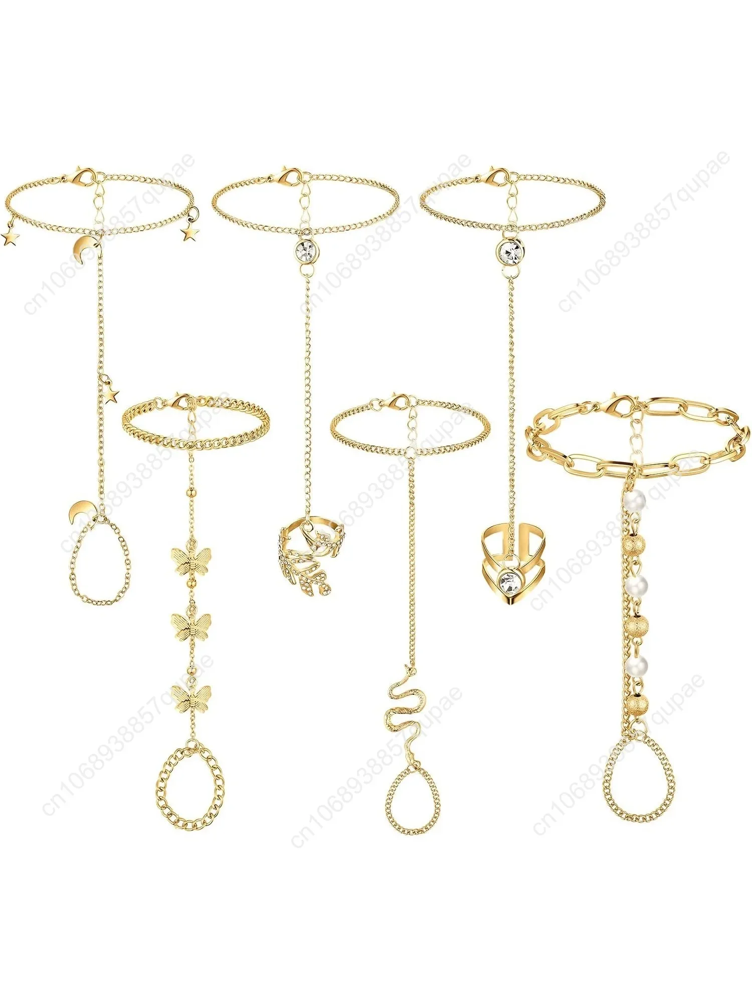 

6 Pieces Finger Ring Bracelet Linked Rhinestone Hand Harness Chain Slave Bracelet with Ring Everyday Jewelry for Women Girls