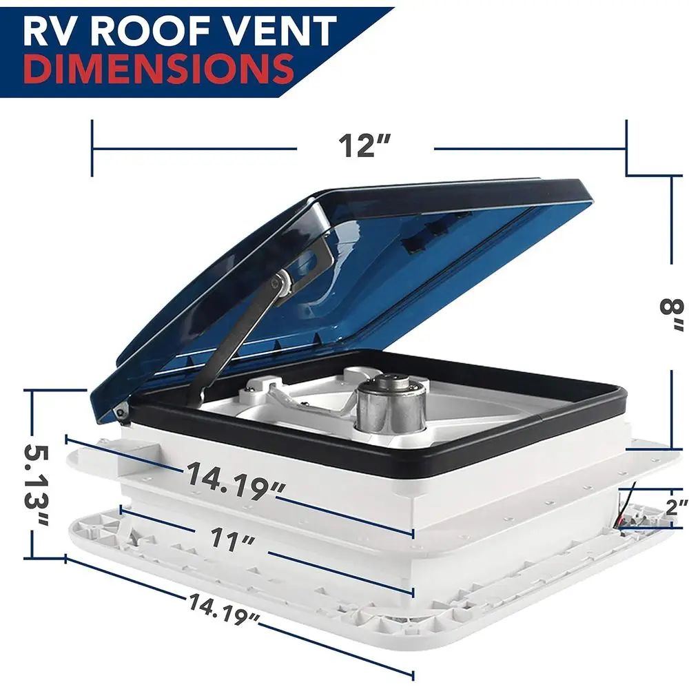 11" x 11" RV Roof Vent Fan With LED Light 12V Manual Riser Reversible Manual Lift with Smoked Lid view 2