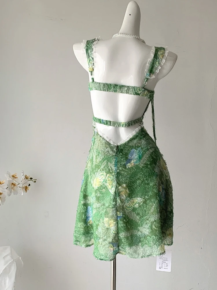 Summer Romantic Gyaru Mini Green Floral Lace Backless Mini Dress Women 2000s Frock One-Piece Coquette Ballet Core French Vintage