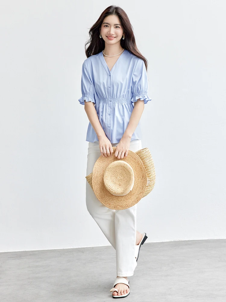 

SENTUBILA женские элегантные синие рубашки и блузки 2025 женские корейские модные летние топы с v-образным вырезом на пуговицах и короткими рукавами 152CA1710