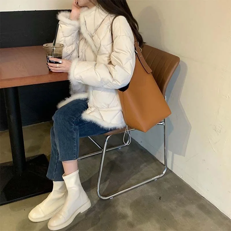 Women stand colla argyle All-match Long Sleeve Single Breasted Simple Solid Parkas 2024 Winter Warm Outerwear cotton Coat