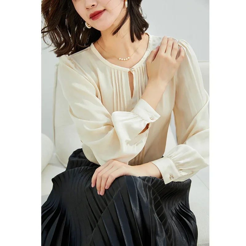 

Women's Autumn Heavy 23 Mm Silk Double Joe New Long Sleeve French Style Design Sense Shirt Office Lady Women's Top