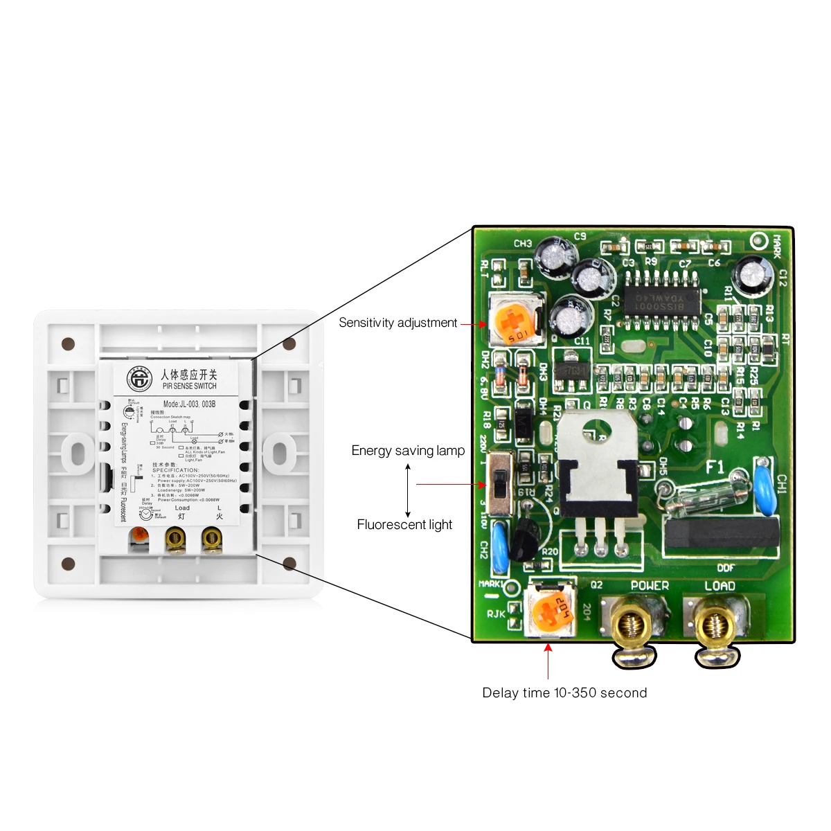 AC100V~250V Wireless PIR Motion Sensor LED Light Switch Time Delay Adjustable Recessed Wall Switch Module Detector Auto ON OFF