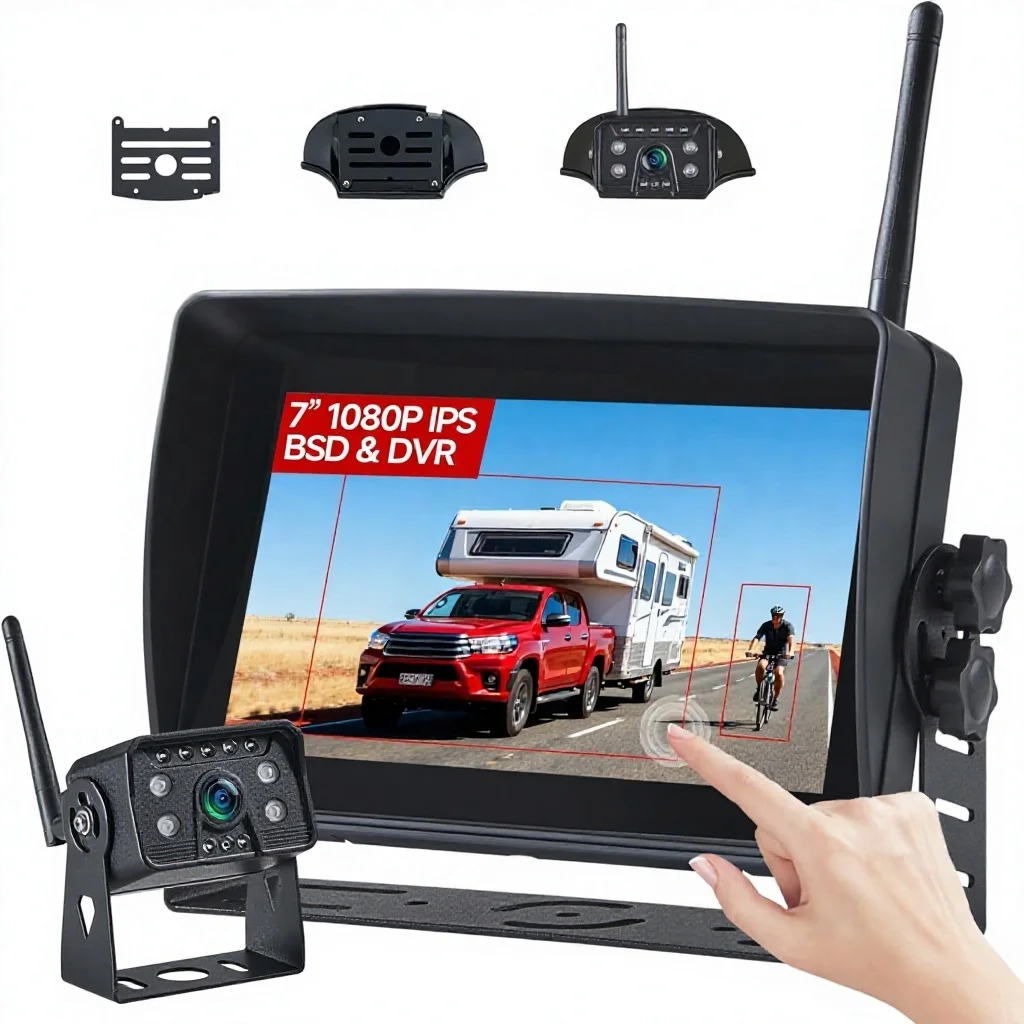 Wireless RV Backup Camera 7'' IPS Touch Screen 1080P HD CMOS Sensor BSD Alert DVR 4-Channel IR Night Vision Pre-Wired