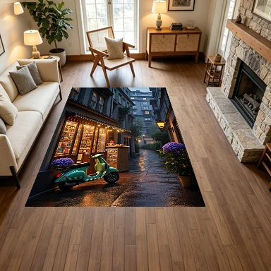 Evening European Street Shop Scooter Landscape Carpet Flooring, Retro City Non-Slip Floor Rug for Living Room Bedroom Home Decoration