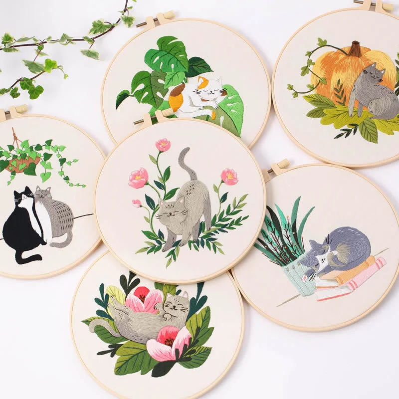 DIY Embroidery Kit Cat Plant Printed Pattern Beginner Cross Stitch Set Needlework Hoop Handmade Sewing Hobby Kits