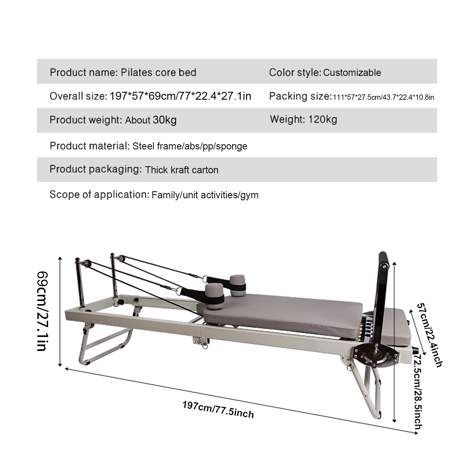 77.5in Reformer Pilates Machine, Pilates Reformer with Alloy Springs Resistances for Beginner, Up to 300 Lbs Weight Capacity view 2