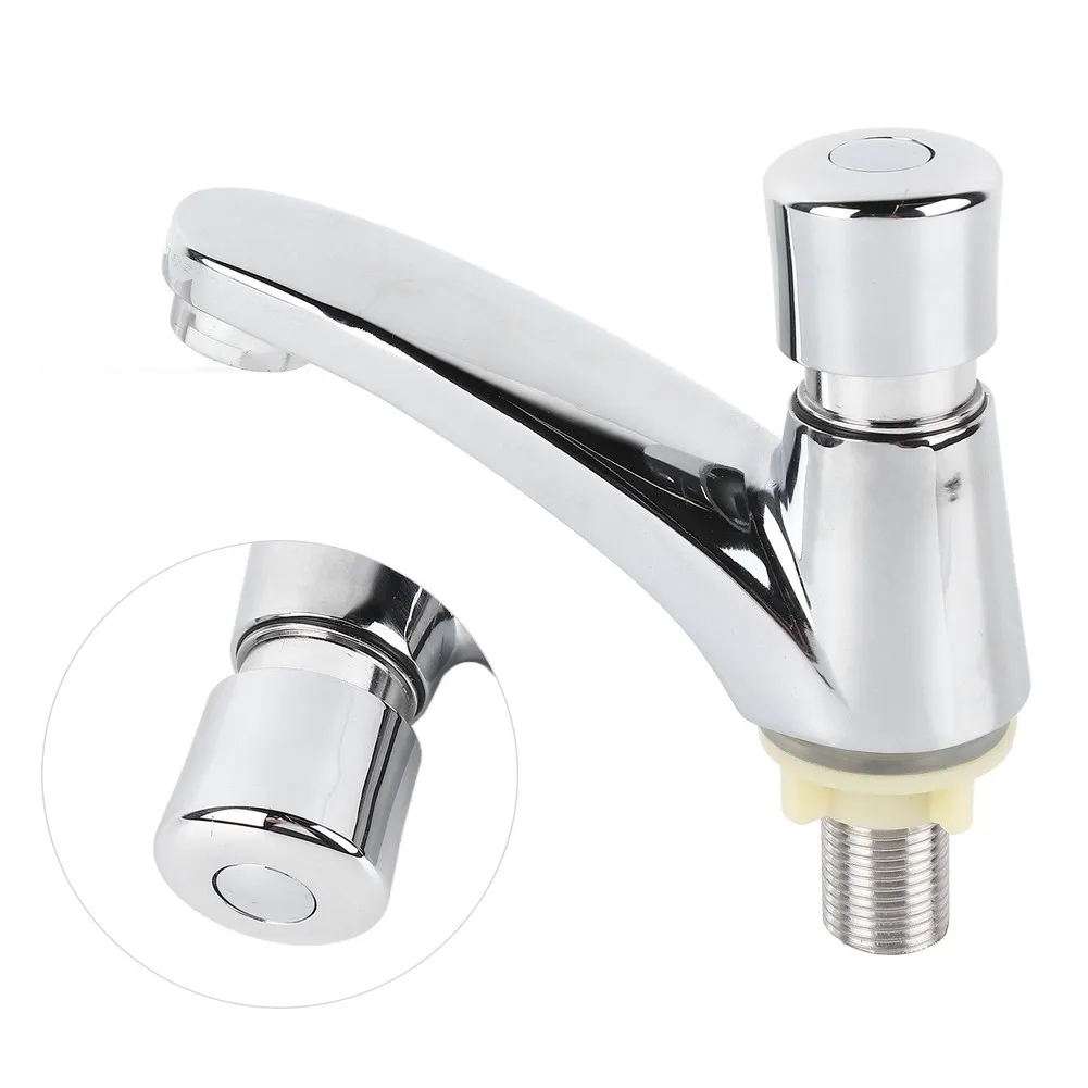 Time Delay Sink Faucet with Push Activation Only Zinc Alloy Material Chrome Finish for High Frequency Use Areas