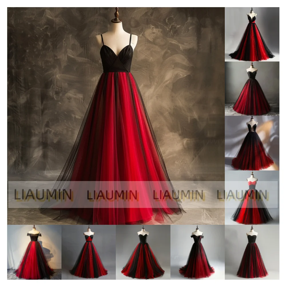 Hand Made Red And Black Tulle Prom Bridesmaid Dress Elegant Strapless Lace-up Evening  Stunning Clothing Customized W15-51