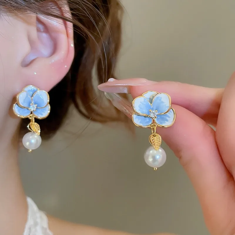 

Minar Korean Style Blue Gradient Color Enamel Flower Petal Leaf Simulated Pearl CZ Zircon Drop Earrings for Women Copper Jewelry