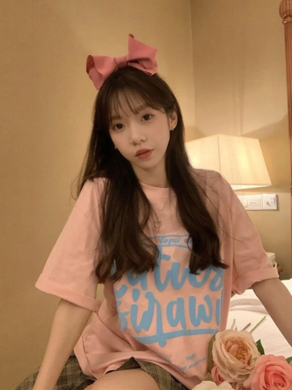 

Summer 2024 Women's Loose Fit Mid-Length ort-Sve T-irt Bla Print Casual Cotton Top Faionable And Sli