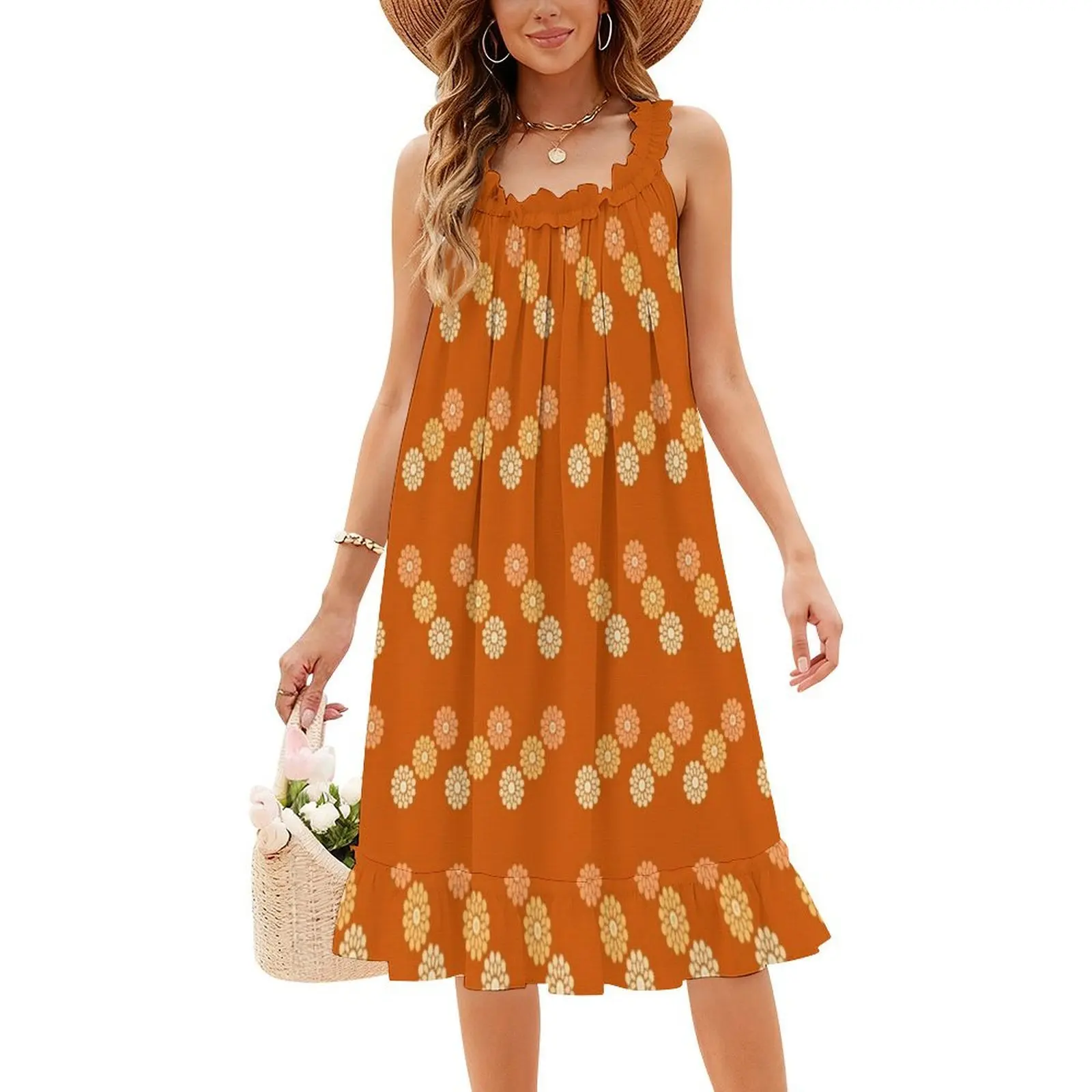 فستان نسائي أنيق للحفلات باللون البرتقالي/المرون البرتقالي البسيط بنمط الأزهار مع خيارات قصيرة/طويلة/بدون أكمام #4