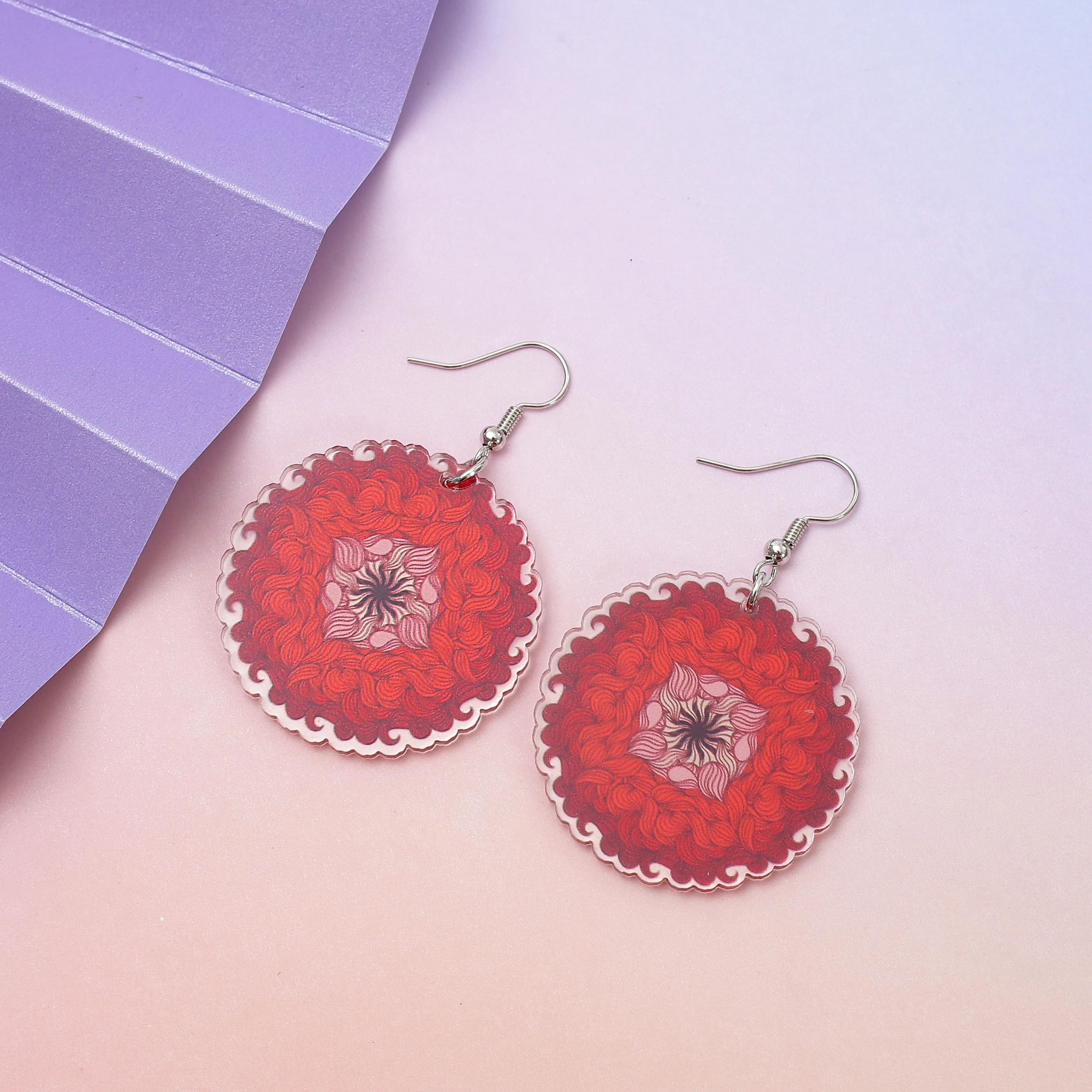 

New Fashion Round Acrylic Dangle Earrings For Women Trend 2025 Red Orange Flower Printing Vintage Lightness Hot Selling Jewelry