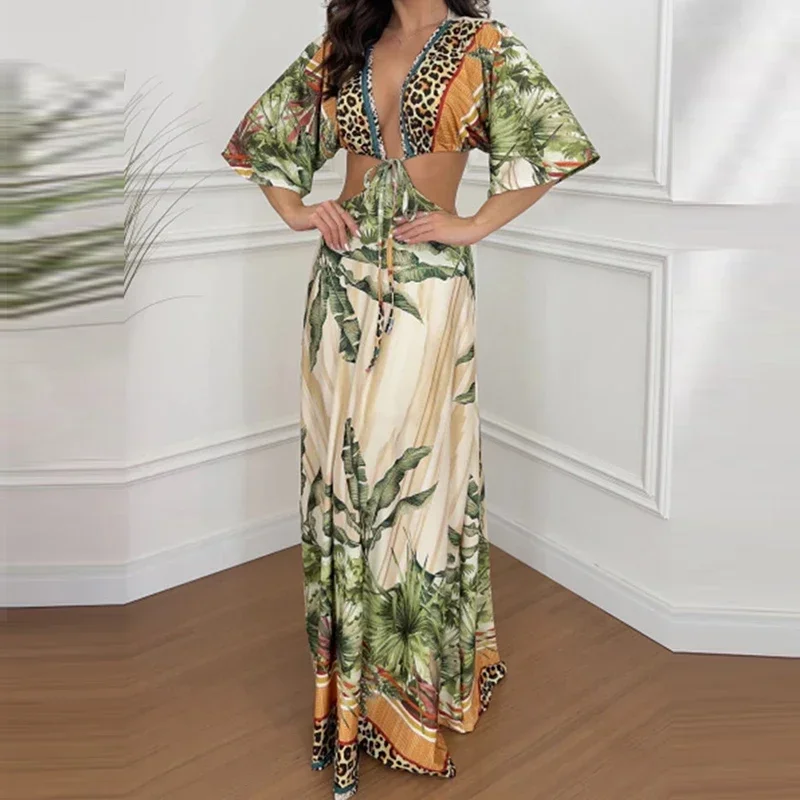 

New V Neck Half Sleeve Printed Tops Matching Skirts Sets Casual Summer Women's Vacation Two Piece Sets Fashion Hollow Out Outfit