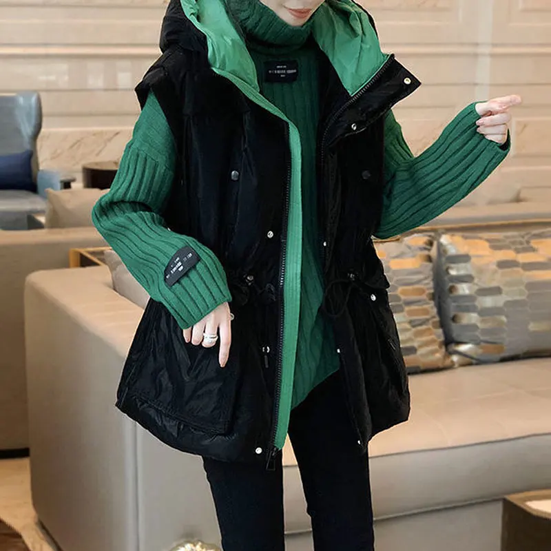

Slimming down plus Size Women's Fashion Set Hooded down Vest Sweater Thickened Autumn Winter Casual High Waist Korean Style