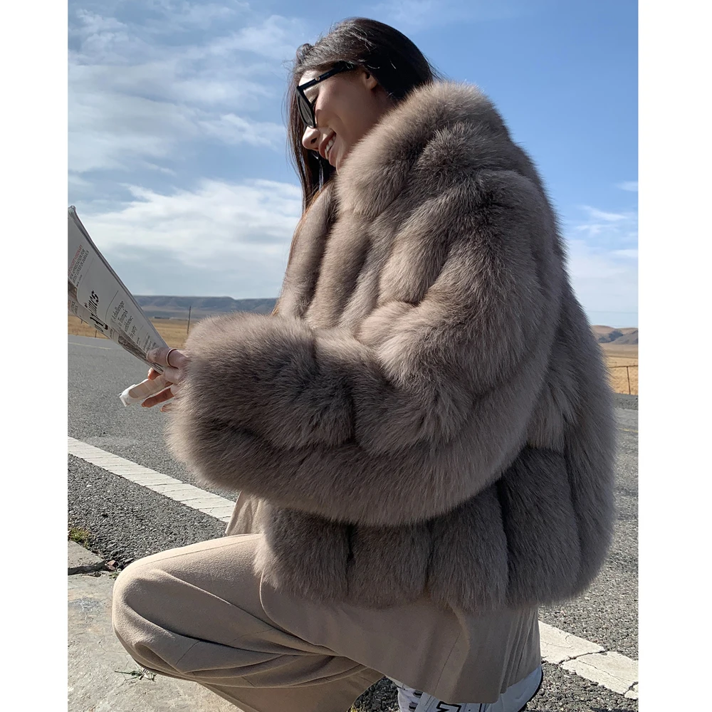 Luxury Women Natural Fox Fur Jacket With Lapel Collar Winter Fashion Woman Genuine Full Pelt Fox Fur Coats Female Outwear Trendy