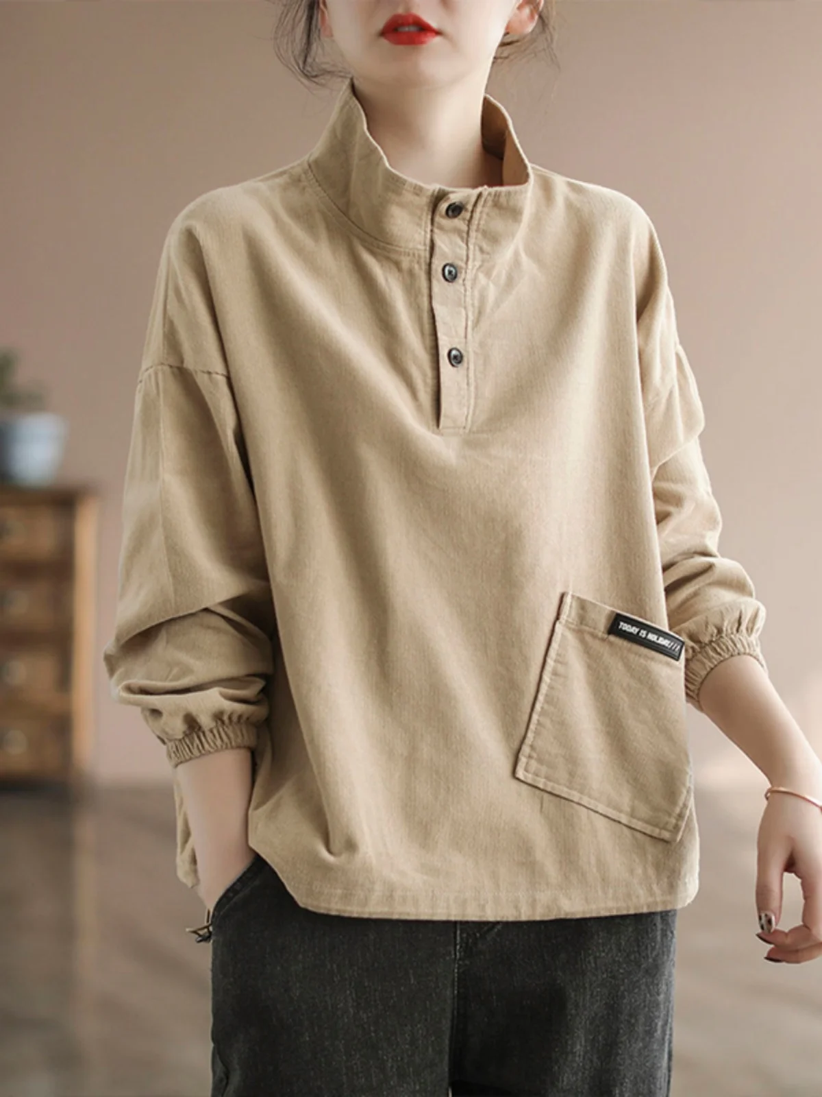 Damska bluza z bawełnianego sztruksu z wysokim kołnierzem, długi rękaw, modny patchwork, duży rozmiar, idealna na wiosnę i jesień.