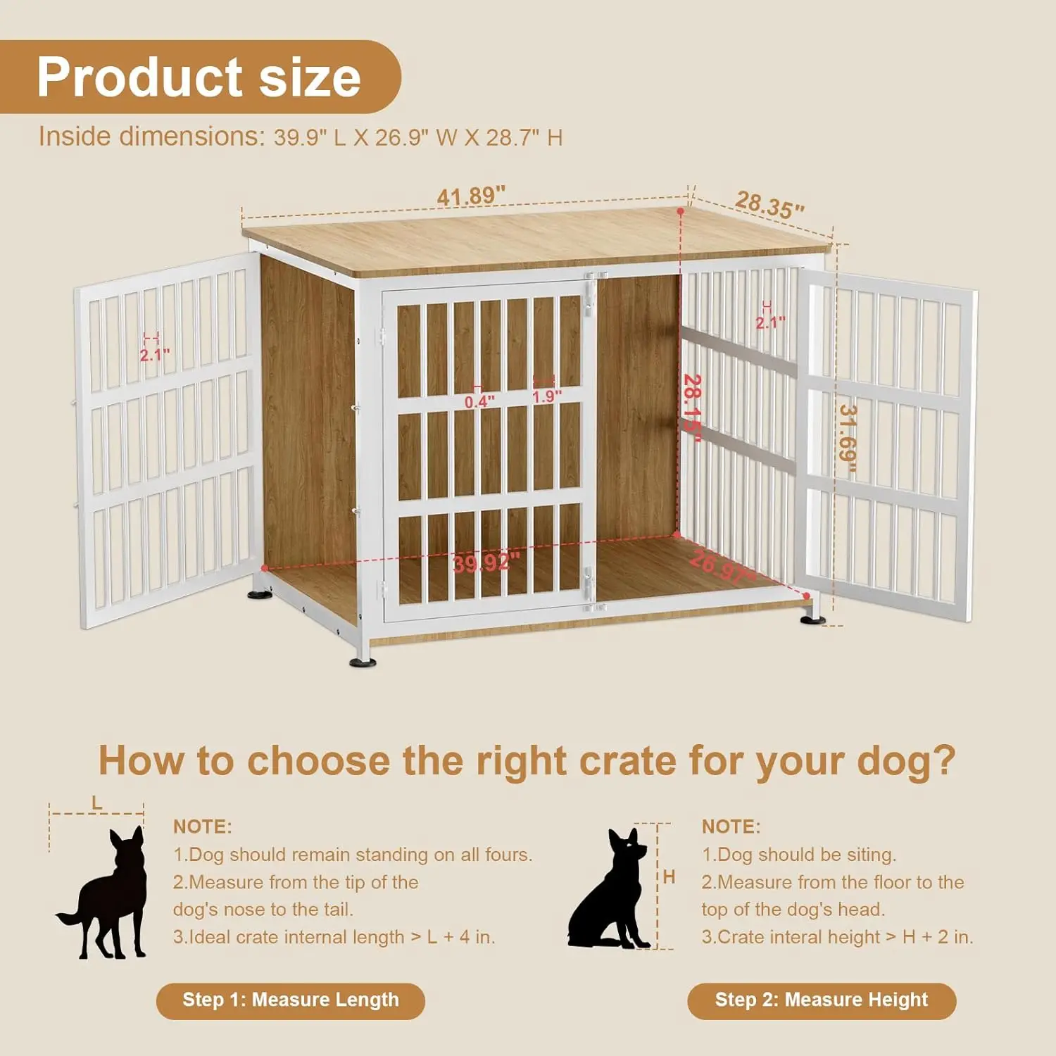 Indoor Dog Crate for Large & Medium Dogs, Metal, Natural and White, Chew-Resistant, Decorates House as TV Stand or End Table
